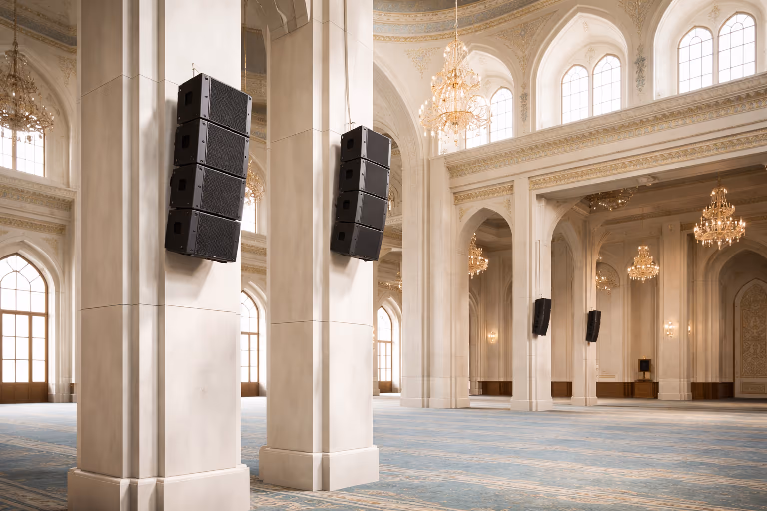 Commercial sound system setup with speakers and mixers